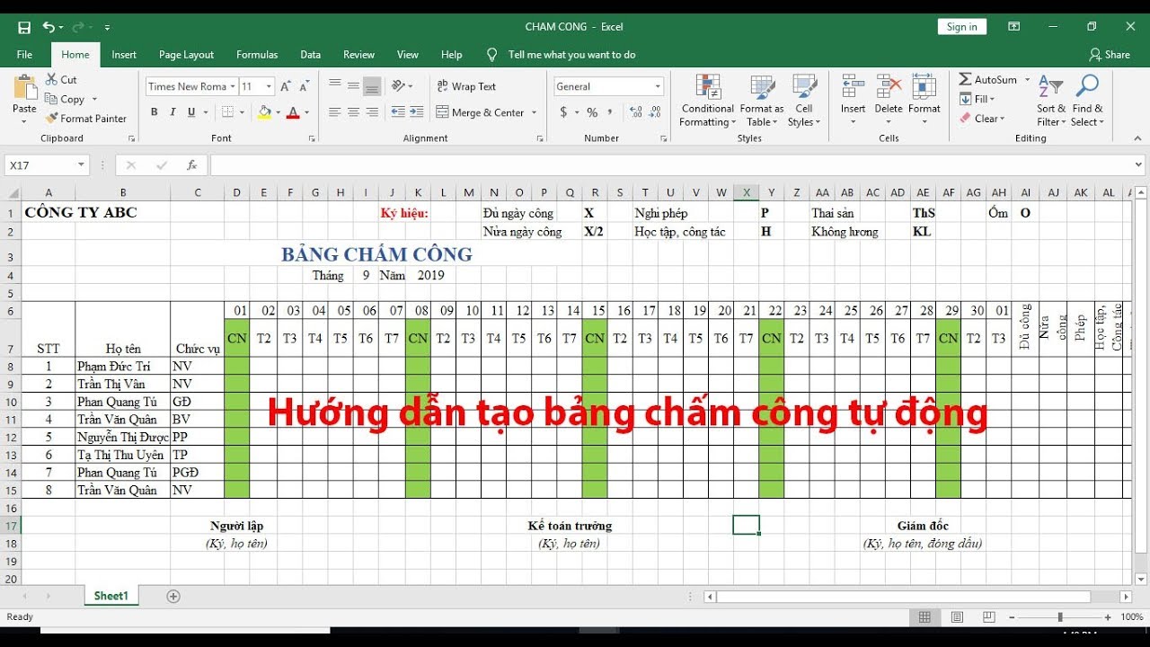 Tạo bảng chấm công tự động trong excel, | Hướng dẫn chi tiết cách tạo một bảng chấm công trong excel