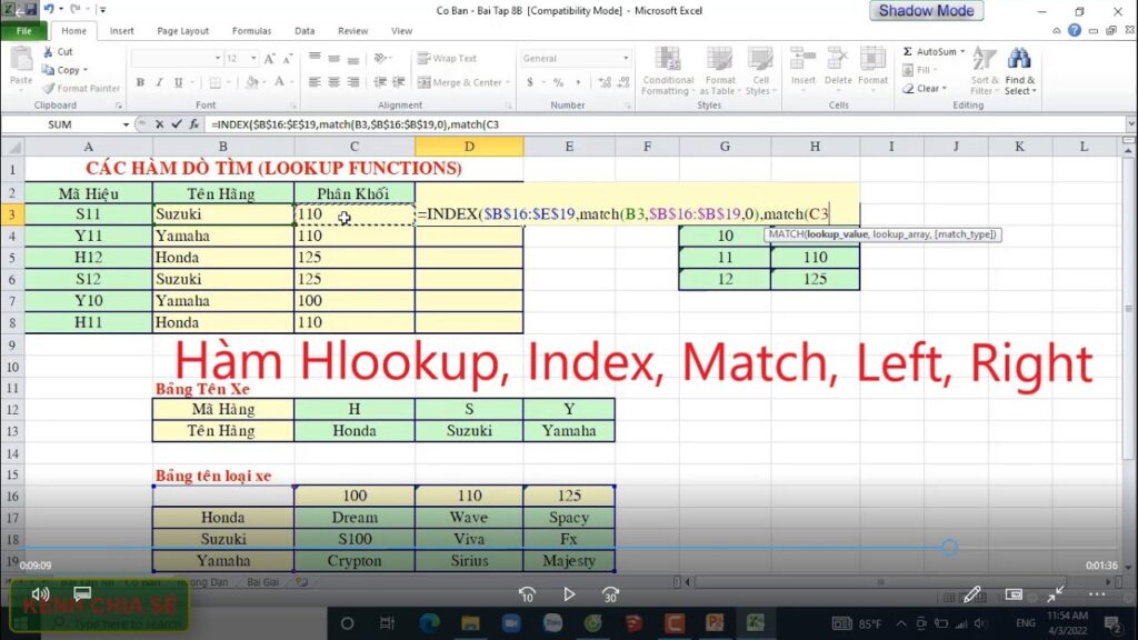 Bài tập về hàm Hlookup và hàm Index, hàm Match, hàm Left, hàm Right trong excel